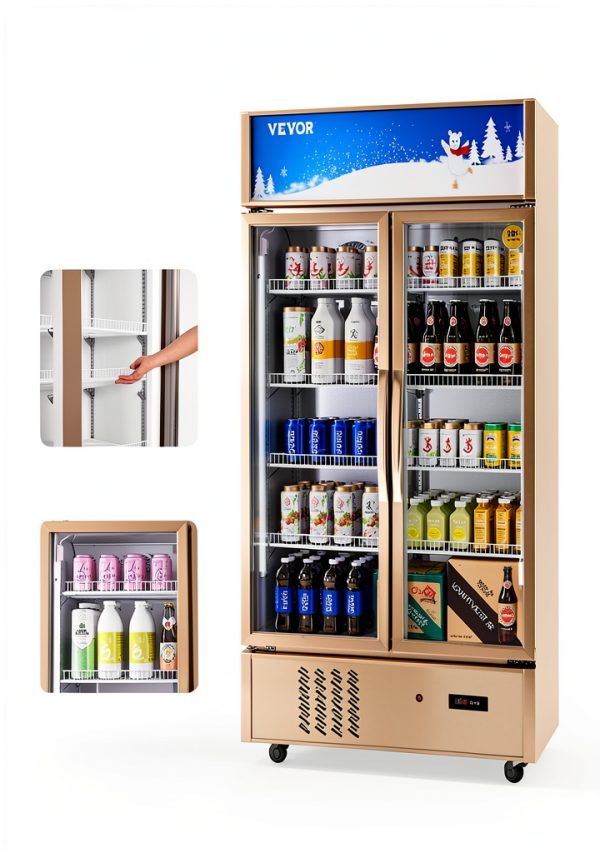 VEVOR Commercial Merchandiser Refrigerator 2 Glass Doors, 23 Cubic Ft, Upright Display Beverage Cooler 79" Tall x 39.4" Width, Fridge with LED Lighting for Drink Wine Soda, Gold-1