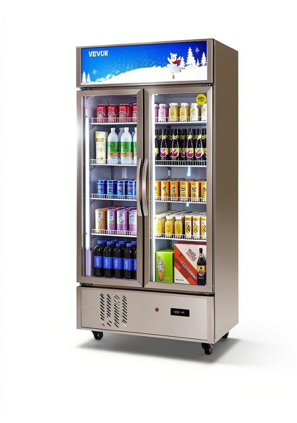 VEVOR Commercial Merchandiser Refrigerator 2 Glass Doors, 23 Cubic Ft, Upright Display Beverage Cooler 79" Tall x 39.4" Width, Fridge with LED Lighting for Drink Wine Soda, Gold-6