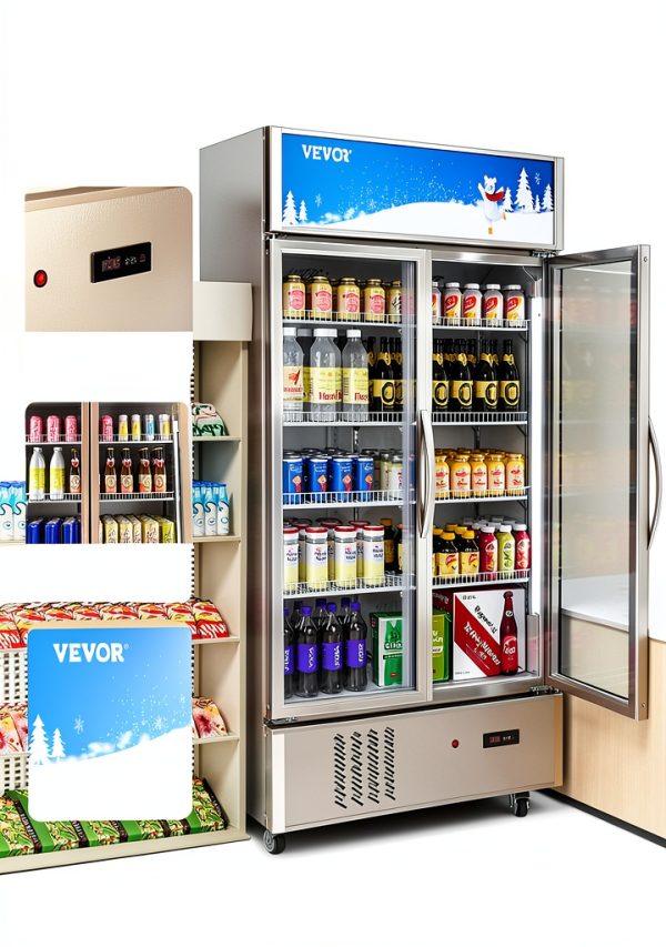 VEVOR Commercial Merchandiser Refrigerator 2 Glass Doors, 23 Cubic Ft, Upright Display Beverage Cooler 79" Tall x 39.4" Width, Fridge with LED Lighting for Drink Wine Soda, Gold-4